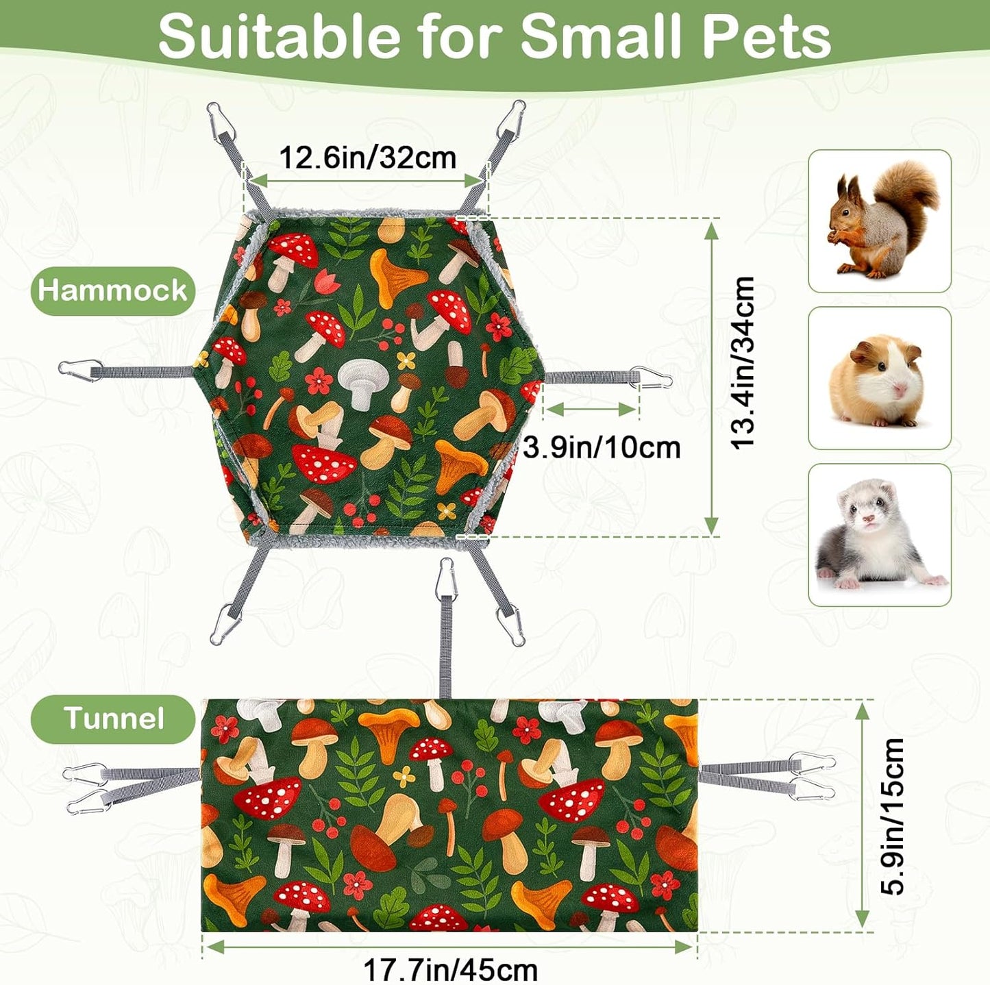 Bienbee 2 Pcs Ferret Rat Hammock Set for Cage Washable Guinea Pig Hideout Bed Soft Small Animal Hammock Tunnel Toys Ferret Cage Accessories for Hedgehog Sugar Glider Squirrel Hamster, Green Mushroom