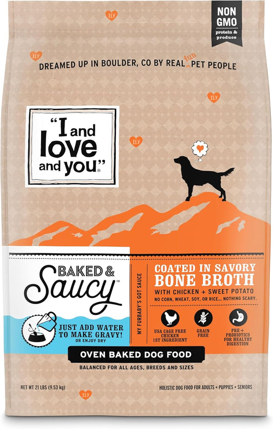I AND LOVE AND YOU Baked and Saucy Dry Dog Food - Chicken + Sweet Potato - Prebiotic + Probiotic, Real Meat, Grain Free, No Fillers, 21lb Bag