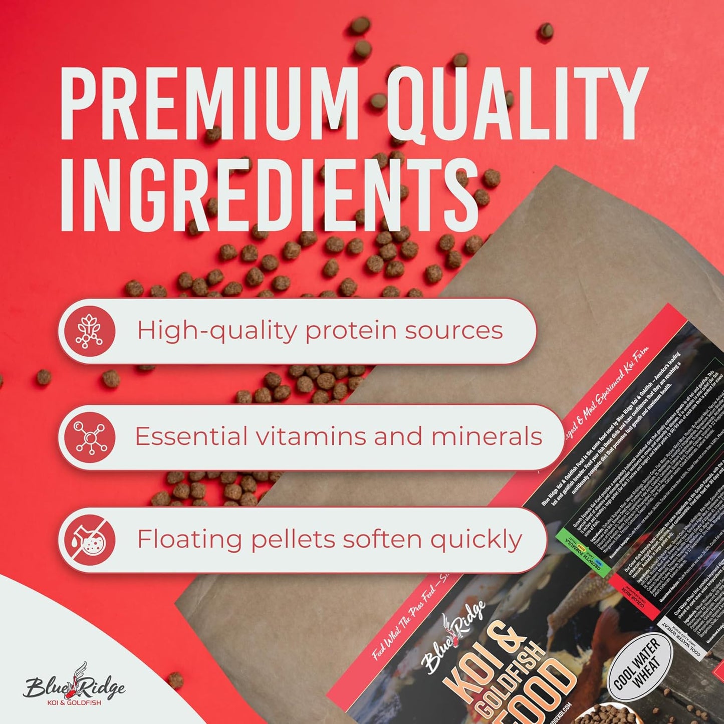 Blue Ridge Koi Fish Food 50lb - Cool Water Wheat 3/16", Fall and Winter Floating Pond Pellets, Ponds Fish Food