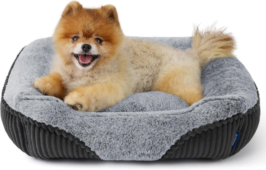 Bedsure Washable Dog Bed Small Dog＆Cat- Rectangle Fluffy Plush Kitten Puppy Bed, Comfy Corduroy Fleece and Nonskid Bottom,20x19x6inches,Suitable for Pet Up to 15lbs,Grey