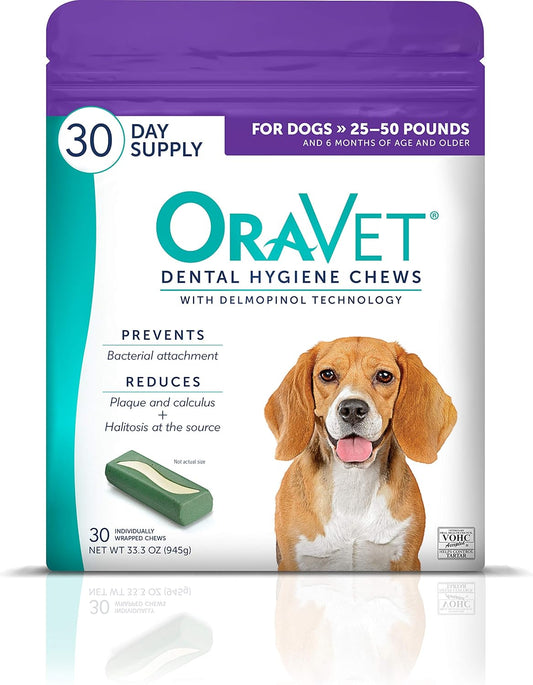 ORAVET Dental Chews for Dogs, Oral Care and Hygiene Chews (Medium Dogs, 25-50 lbs.) Purple Pouch, 30 Count