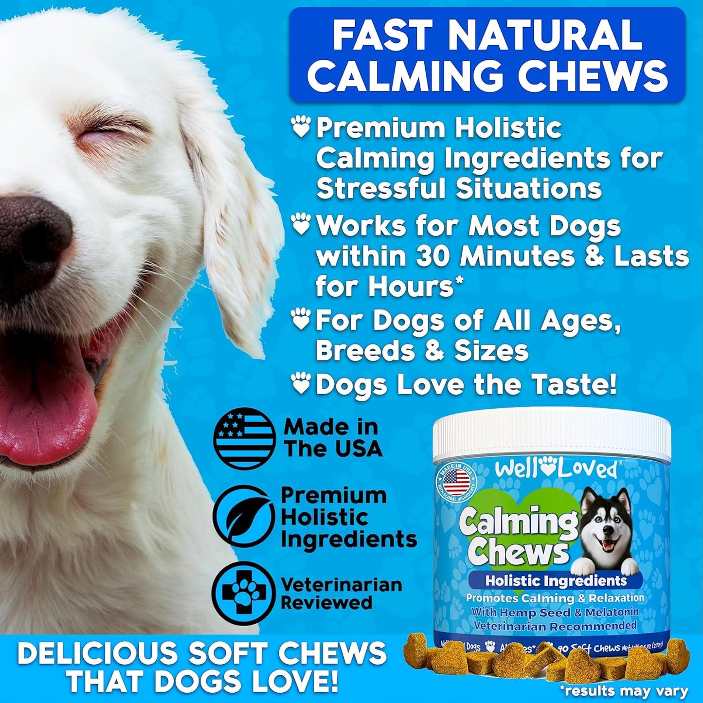 Calming Chews for Dogs - Dog Calm Treats, Made in USA, Vet Developed, Behavior Support, Stress, Separation, Fireworks, Travel, Melatonin, Natural & Holistic, 90 Count