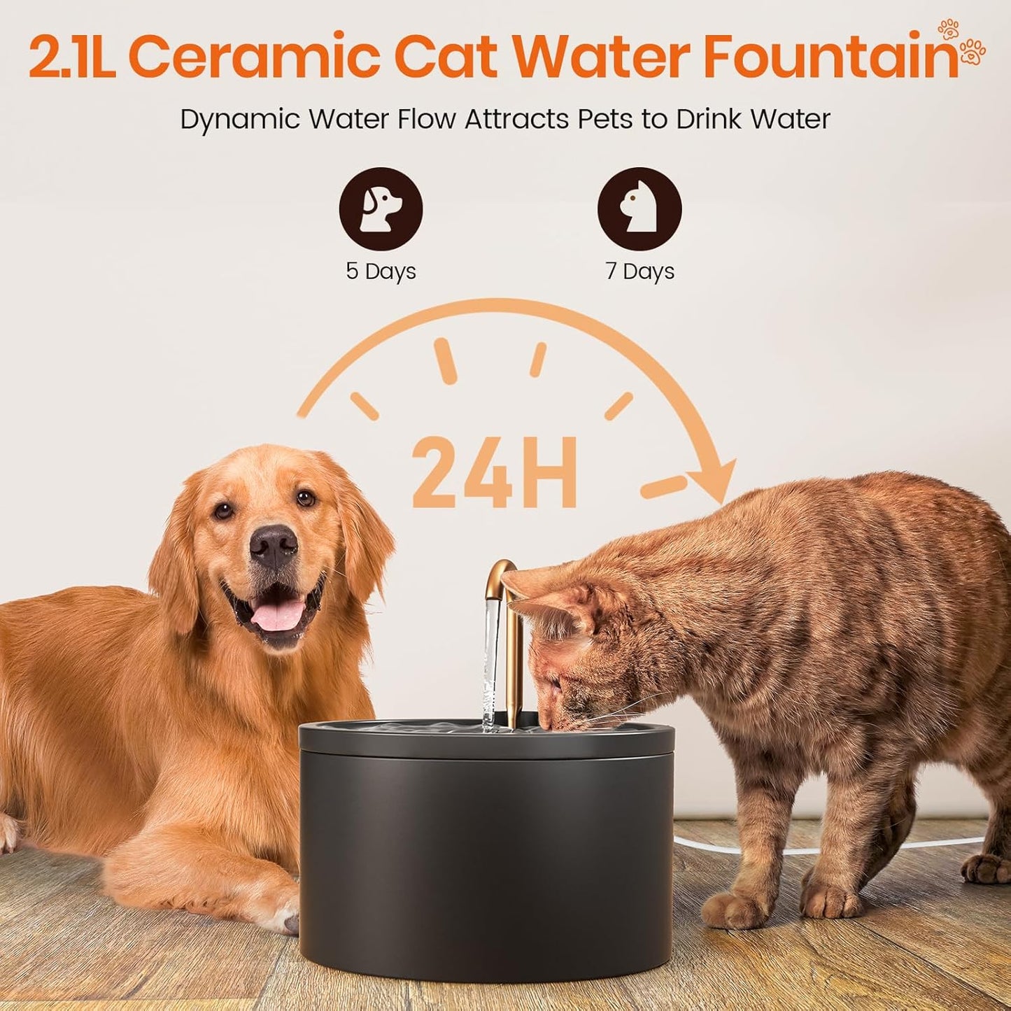 Ceramic Cat Water Fountain - 2.1L/71oz - All-Ceramic Body & Pure Copper Water Spout - Non-Toxic - Automatic Pet Drinking Fountain Indoor with Ultra-Quiet Pump, and 3Pcs Filter & Sponge (Black)