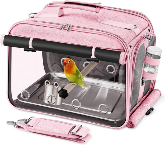 Suertree Bird Carrier Airline Approved, Bird Travel Cage with Indestructible Stainless Steel Mesh, Bird Travel Bag Lightweight and Portable with Water Bottle and Bowl