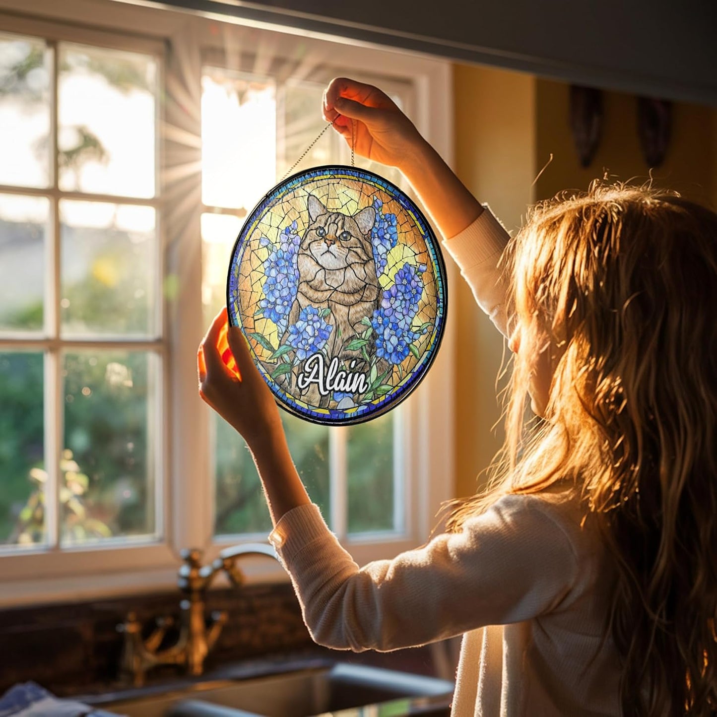 Lovely POD Personalized Cat Memorial Suncatcher Ornament, Suncatcher Stained Glass Windows for Pet, Sympathy Ornament Window Hanging Gift for Loss of Cat, Thoughtful Sympathy Gifts for Pet Day