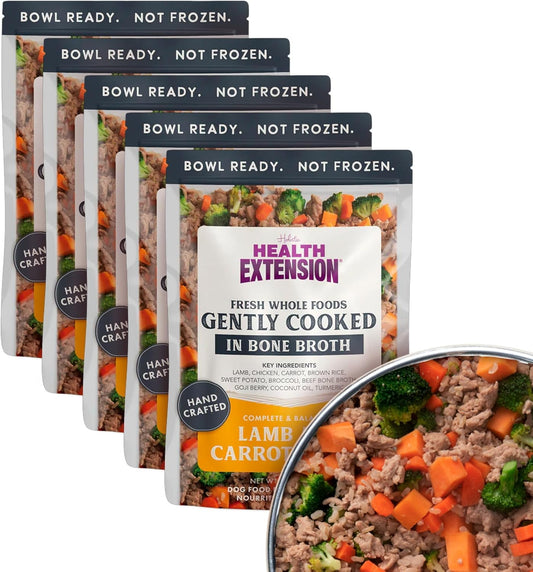 Health Extension Gently Cooked Lamb & Carrot Dog Food, Human-Grade & Shelf-Stable with Superfoods, Supports Digestion, Immunity, Skin & Coat, 9 oz Pouch (Pack of 5)