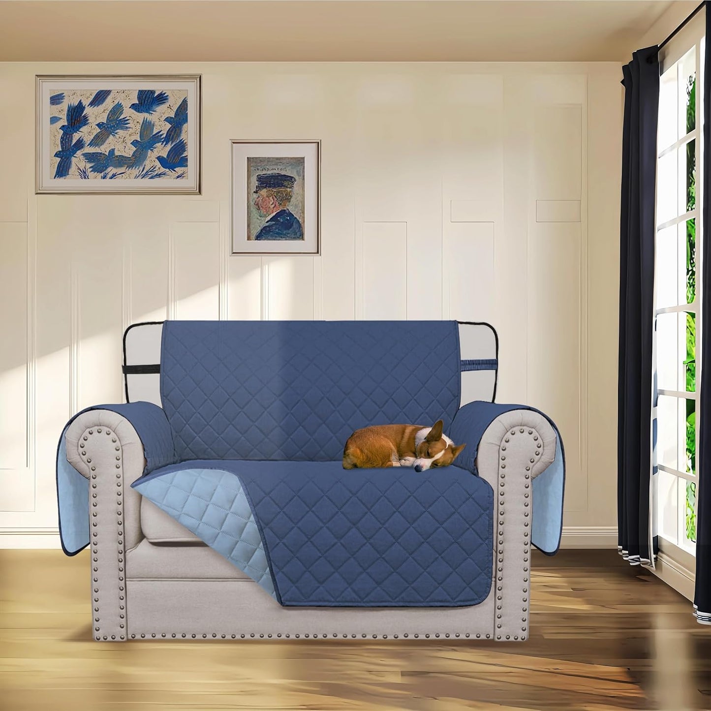 Easy-Going Reversible Chair Cover Washable Sofa Cover for Dogs Water Resistant Couch Slipcover Furniture Protector Cover with Adjustable Straps for Pets (Chair 30 in, Dark Blue/Light Blue)