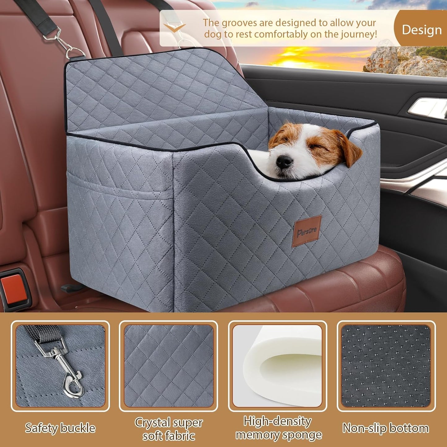 Dog Car Seat for Large-Medium Dogs: Pet Car Seat, Detachable Washable Dog Booster Seat, Pet Travel Bed with Storage Pockets and Dogs Safety Belt (Grey, Large)