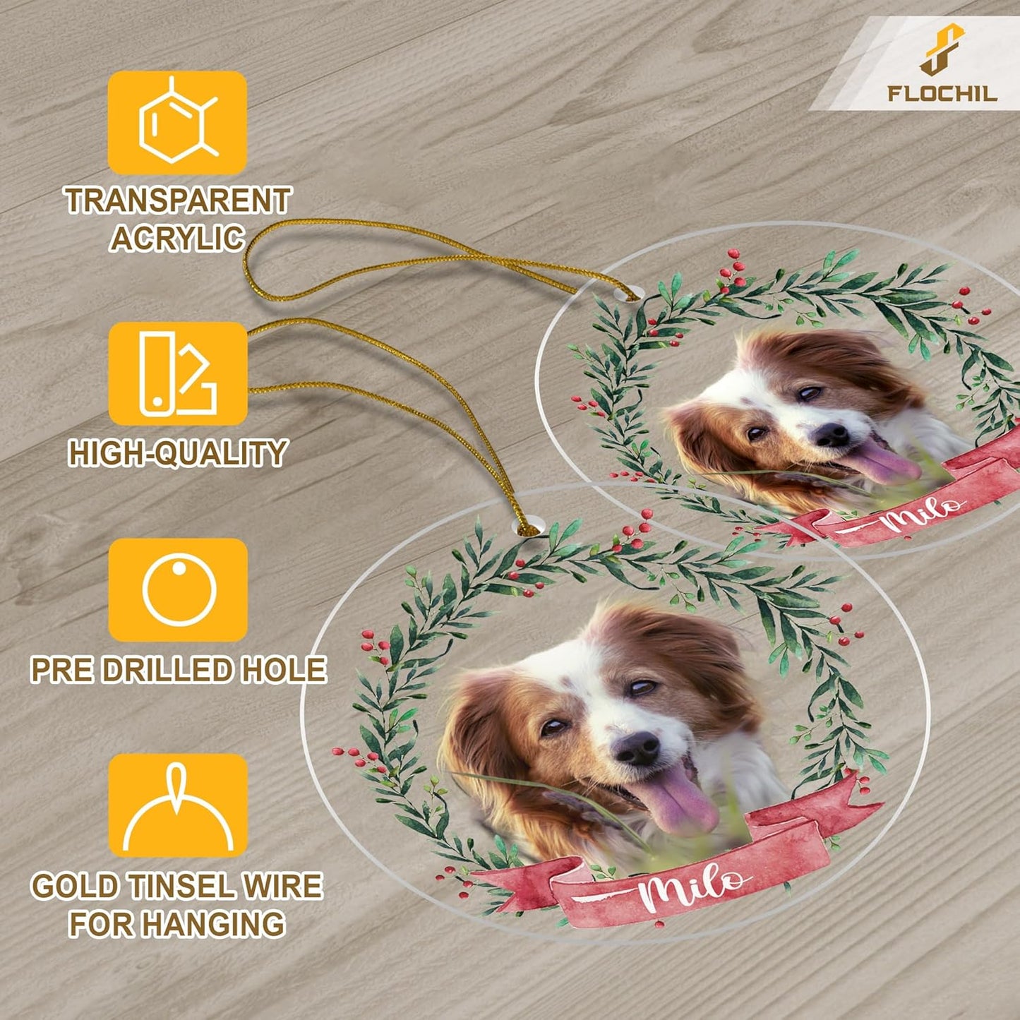 FLOCHIL Personalized Dog Christmas Ornaments, Custom Photo Name for Christmas Trees, Dog First Christmas Ornaments, Best Gifts for Pet Lovers Acrylic Ornament