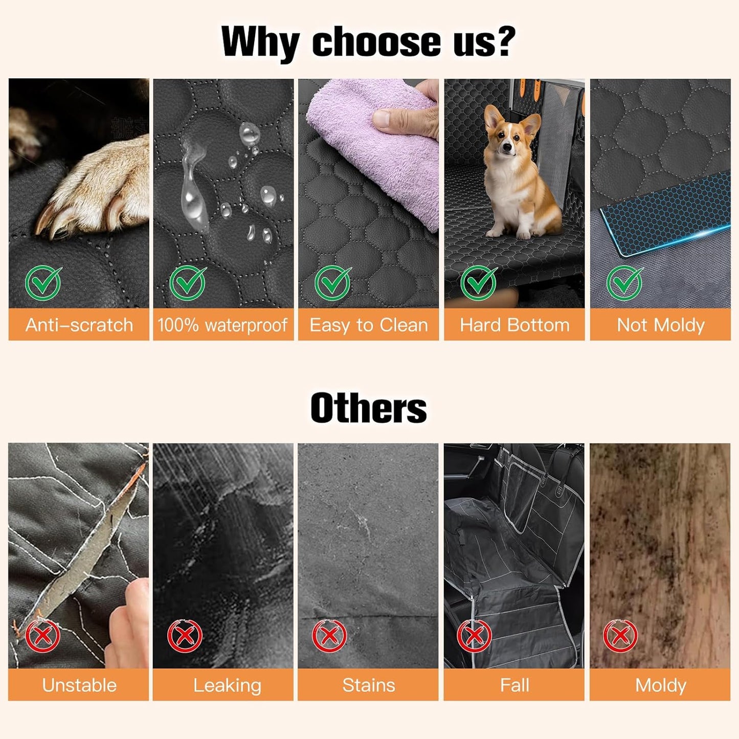 Back Seat Extender for Dogs,Leather Dog Car Seat Cover for Back Seat Hard Bottom Holds 400lbs,100% Waterproof Dog Car Hammock, Sturdy Pet Seat Protector for Car, SUV,Small Truck(Brown)