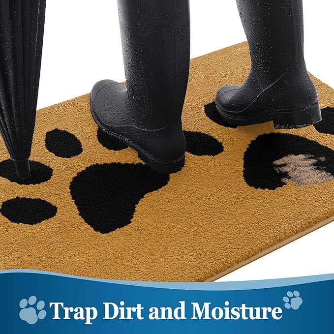 Buganda Dog Door Mat for Muddy Paws, Absorbent Dirt Trapper Washable Indoor Doormats, Non Slip Low-Profile Mud Mat for Dogs, Front Entrance Doormat for Inside Floor (36x24 Inches, Yellow and Black)