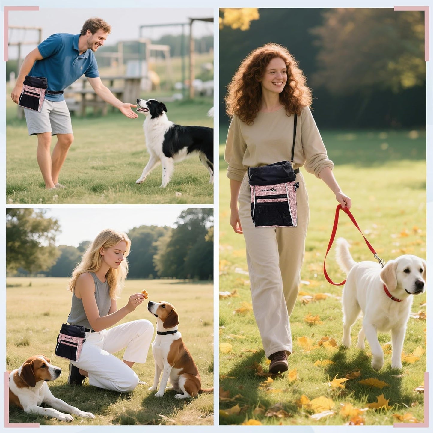 Dog Treat Pouches Training Walking Bag with Shoulder Strap, Large Space for Pets Food, Polyester Fabric, 3-Way Wearing Design, Portable Pet Bagand Easy to Clean (Pink)