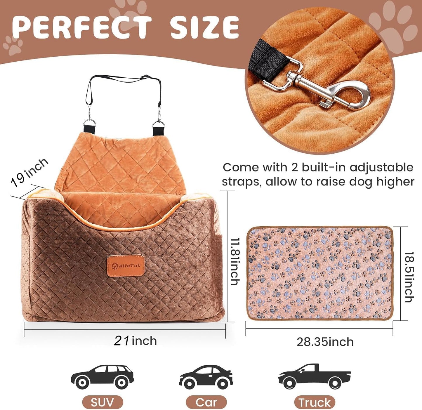 Memory Foam Booster Dog Car Seat with Washable Removable Cover, Elevated Pet Car Seat, Anti-Slip Sturdy Booster Seats for Small Dogs 35lbs, Seat Belt, Storage Pocket, Dog Blankets