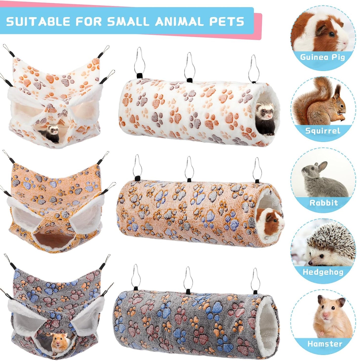 Sweetude 6 Pcs Rat Hammock Set Ferret Hanging Tunnel 3 Tier Guinea Pig Hammocks Hideout Soft Chinchilla Bed for Cage Accessories Hide,Play and Sleep(Cute,Paw)