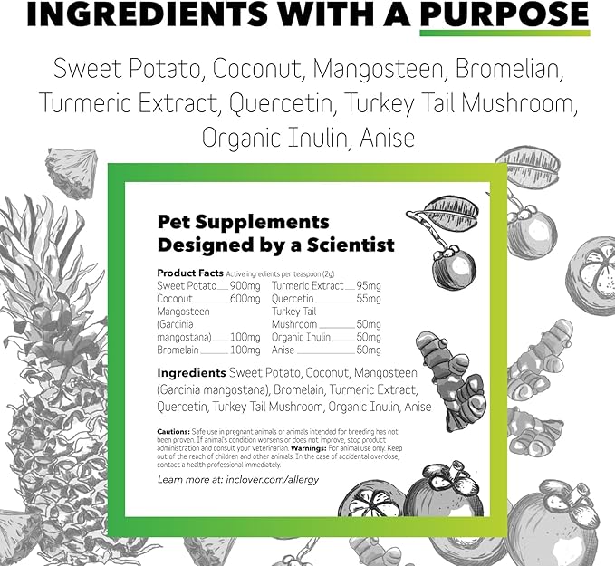 Natural Dog Allergy Relief Supplement with Turmeric - BioResiliant Treat Powder Supplement for Dogs with Seasonal Allergies, Mangosteen Helps Maintain Histamine Levels