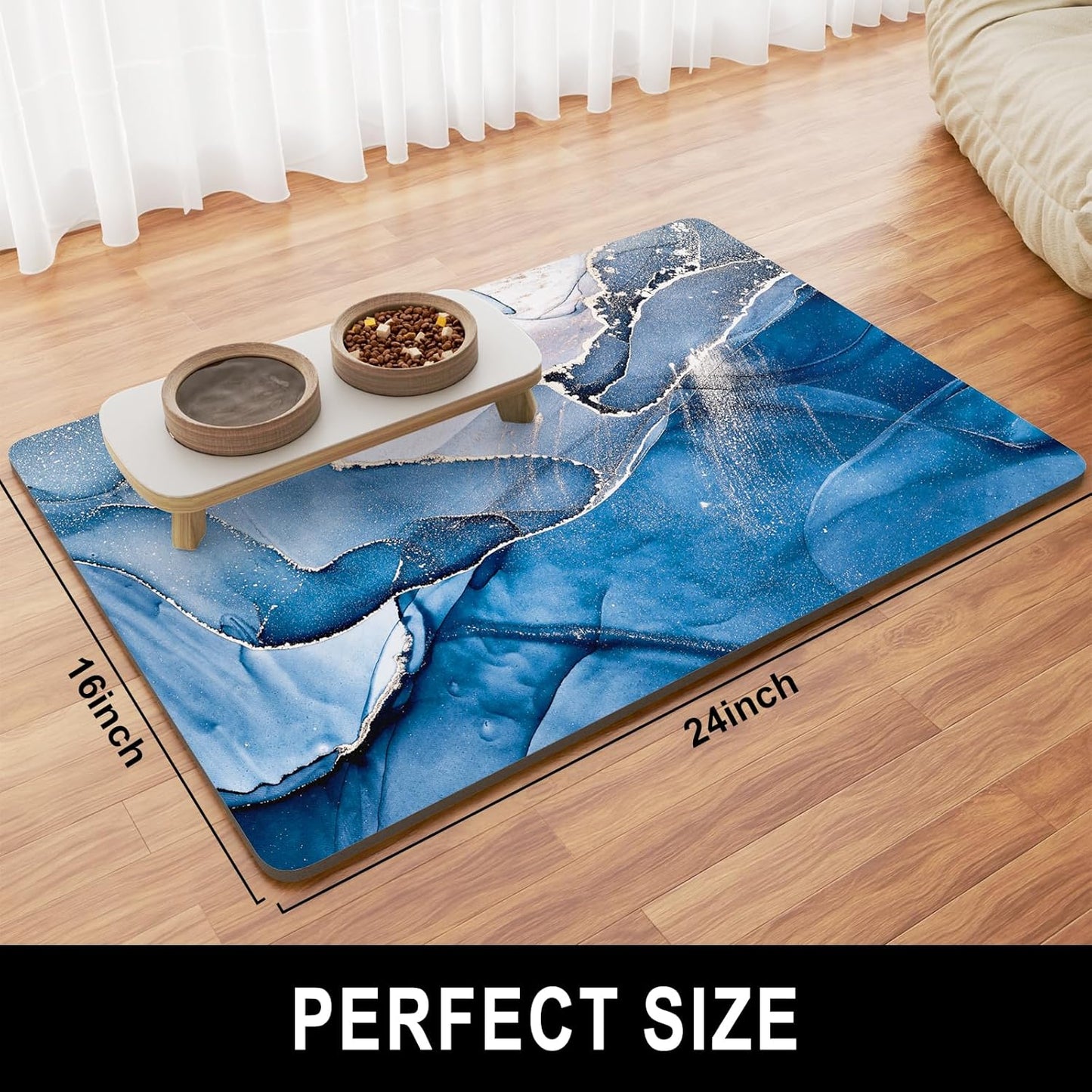 Dog Food Mat, 16" x 24" Marble Absorbent Dog Cat Bowl Mat for Food and Water, Cute Anti-Slip Rubber Pet Feeding Rug Protect Floors, Placemat for Feeding & Watering Supplies, Navy