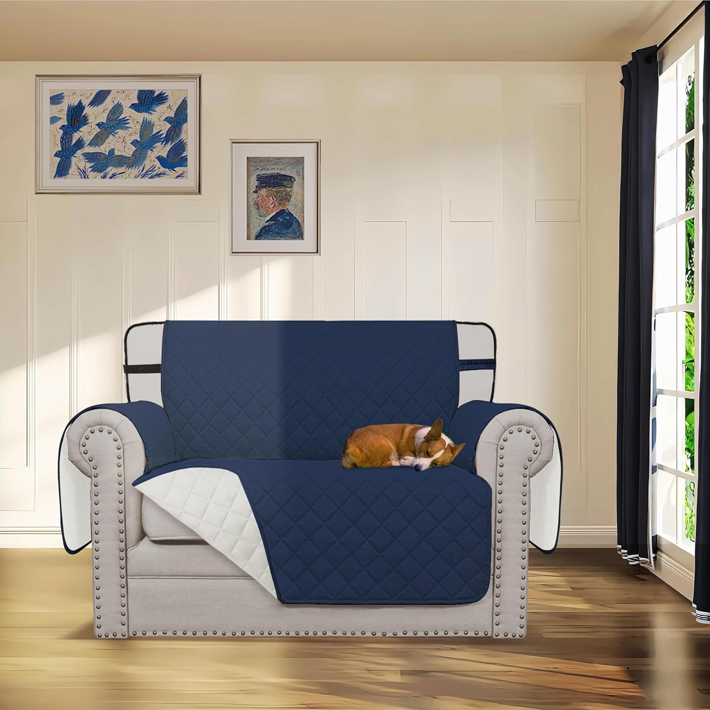 Easy-Going Reversible Chair Cover Washable Sofa Cover for Dogs Water Resistant Couch Slipcover Furniture Protector Cover with Adjustable Straps for Pets (Chair 30 in, Navy/Ivory)