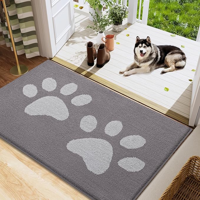 Buganda Dog Door Mat for Muddy Paws, Absorbent Dirt Trapper Washable Indoor Doormats, Non Slip Low-Profile Mud Mat for Dogs, Front Entrance Doormat for Inside Floor (48x30 Inches, Light Grey)