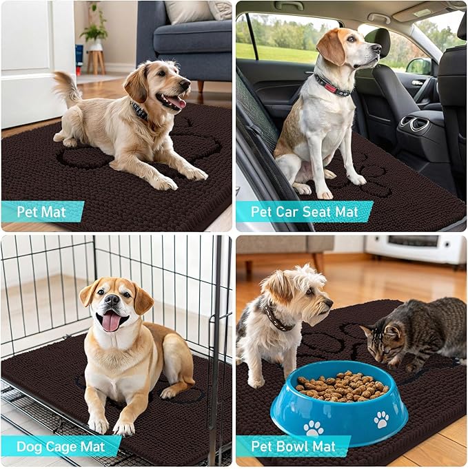 OLANLY Door Mat for Muddy Dog Paws 48x30, Absorbent Chenille Mud Doormat with Paw Print Design, Non-Slip Washable Doormat for Indoor Entryway, Quick-Dry Pet Bed Mats for Dirty Dogs, Brown and Black