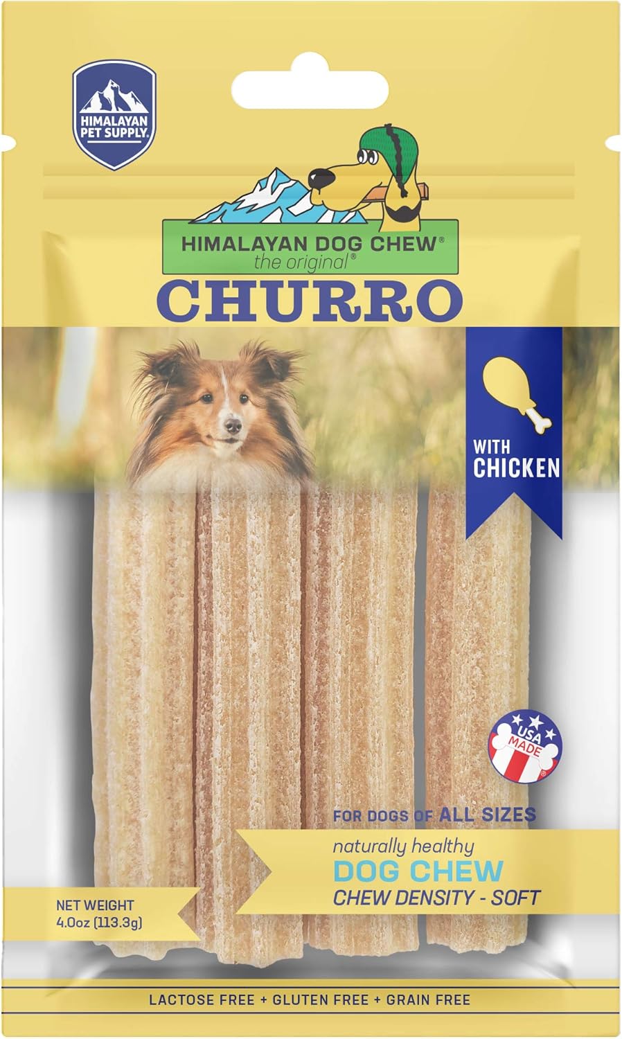 Himalayan Dog Chew Churro Yak Cheese Dog Chews, 100% Natural, Long Lasting, Gluten Free, Healthy & Safe Dog Treats, Lactose & Grain Free, Protein Rich, For All Breeds, Soft, Chicken Flavor, 4 Pack