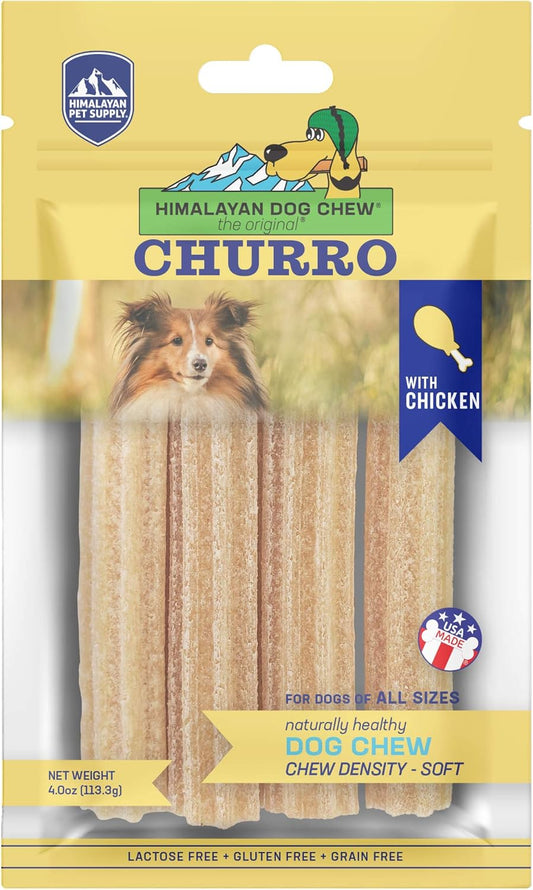 Himalayan Dog Chew Churro Yak Cheese Dog Chews, 100% Natural, Long Lasting, Gluten Free, Healthy & Safe Dog Treats, Lactose & Grain Free, Protein Rich, For All Breeds, Soft, Chicken Flavor, 4 Pack