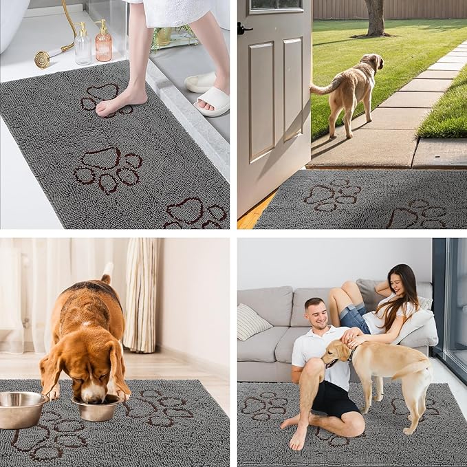 EXPAWLORER Dog Door Mat for Muddy Paws - Highly Absorbent Microfiber Rug, Soft Chenille Runner Indoor Outdoor Floor, Non-Slip Large Pet Paw Cleaning Washable Mud Mat for Bathroom, Grey