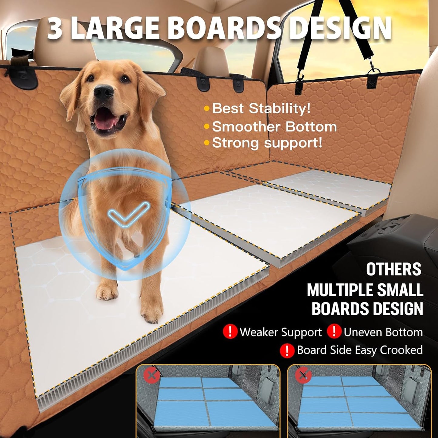 Back Seat Extender for Dogs,Leather Dog Car Seat Cover for Back Seat Hard Bottom Holds 400lbs,100% Waterproof Dog Car Hammock, Sturdy Pet Seat Protector for Car, SUV,Small Truck(Brown)