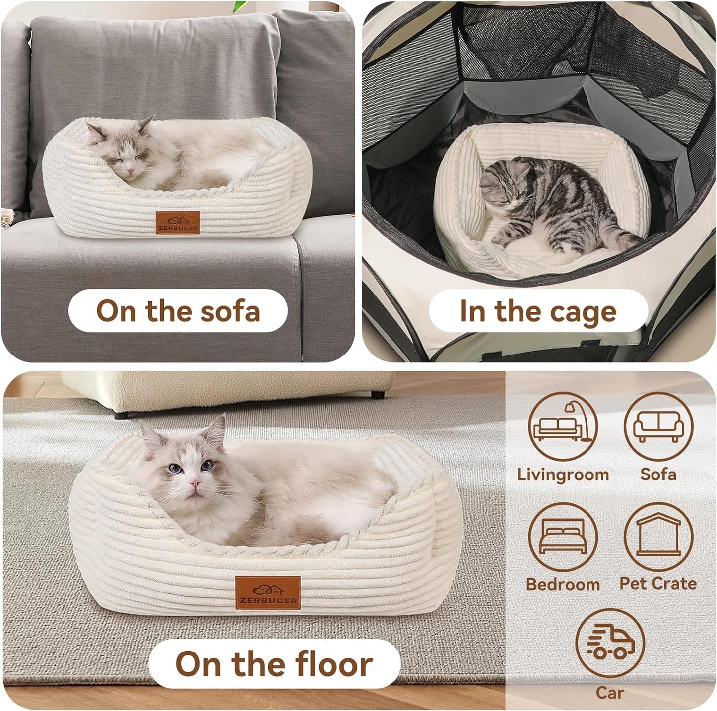 Cat Dog Bed for Pets, Rectangle Pet Bed Gift for Puppy and Kitten, Machine Washable Calming Fluffy Pet Couch Sofa for Indoor Outdoor, Portable Soft Cat Bed with Non-Slip Bottom (Small, Cream)