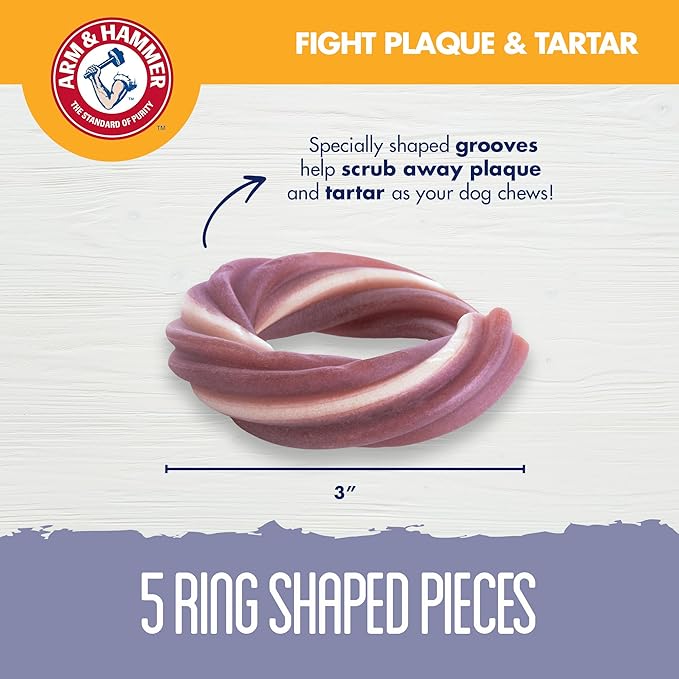 Arm & Hammer for Pets Smoothies Dental Treats for Dogs with Baking Soda and Calcium, Help Fight Bad Breath, Plaque & Tartar Without Brushing, Mint Strawberry, Ring Shaped, 5 Pcs (Packaging May Vary)