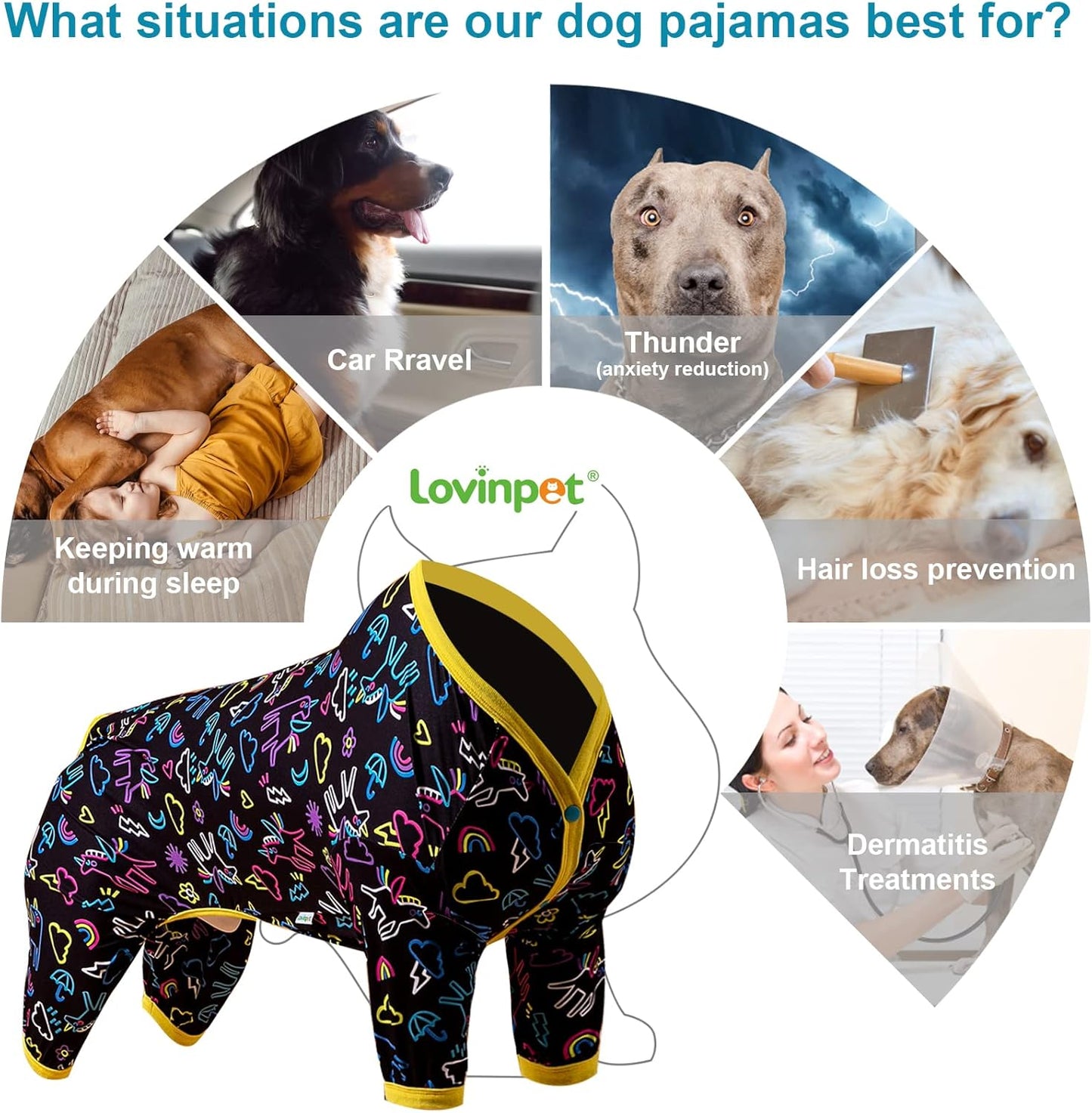 LovinPet Large Dog Pajamas - Stretch Knit Dog Shirt, PJs for Pitbulls, Unicorn Print, Lightweight Pullover Pet PJs, Pet Pajamas for Dogs, Pitbull Clothes, Pitbull Shirt, Blue 2XL