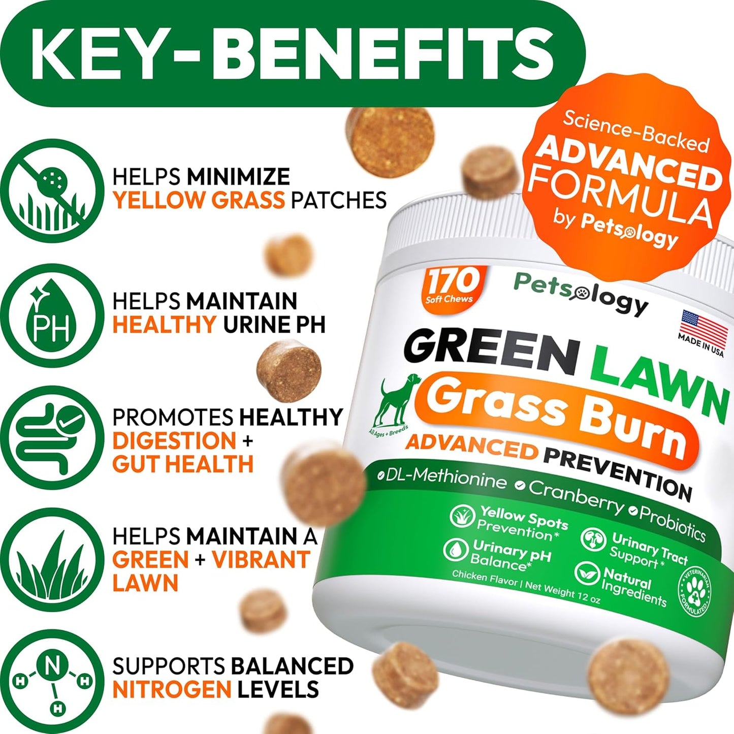 Dog Urine Neutralizer for Lawn - 170 Green Lawn Chews for Dogs - Pee Grass Burn Spot Saver Caused by Dog Urine with Probiotics & Digestive Enzymes - Advanced Gut Health Supplement, Rocks
