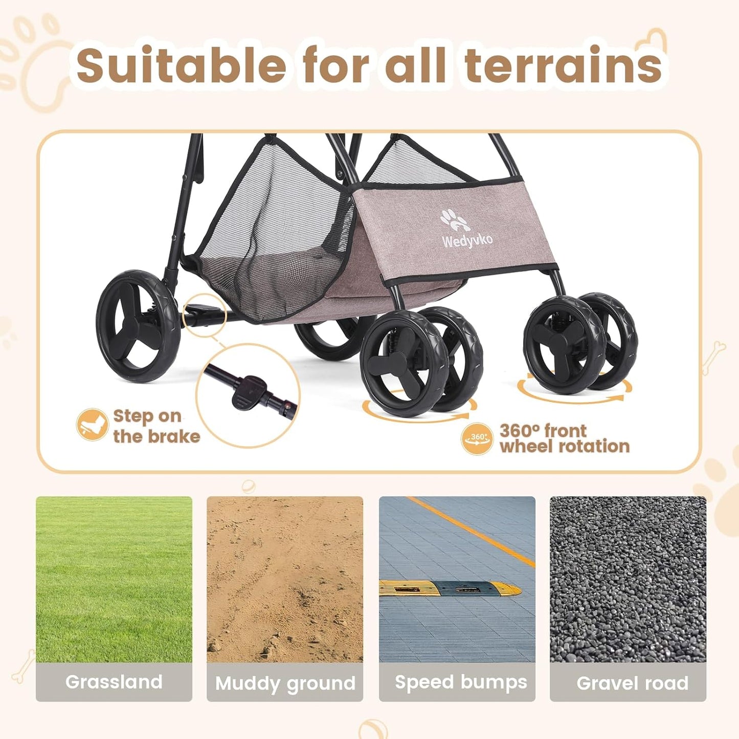 Pet Stroller, 4 Wheels Pet Strolling Cart for Medium/Small Dogs and Cats, Foldable Cat Jogger/Dog Stroller with Cup Holder, Storage Basket, Breathable Mesh, All-Season Pet Carrier (Coffee)