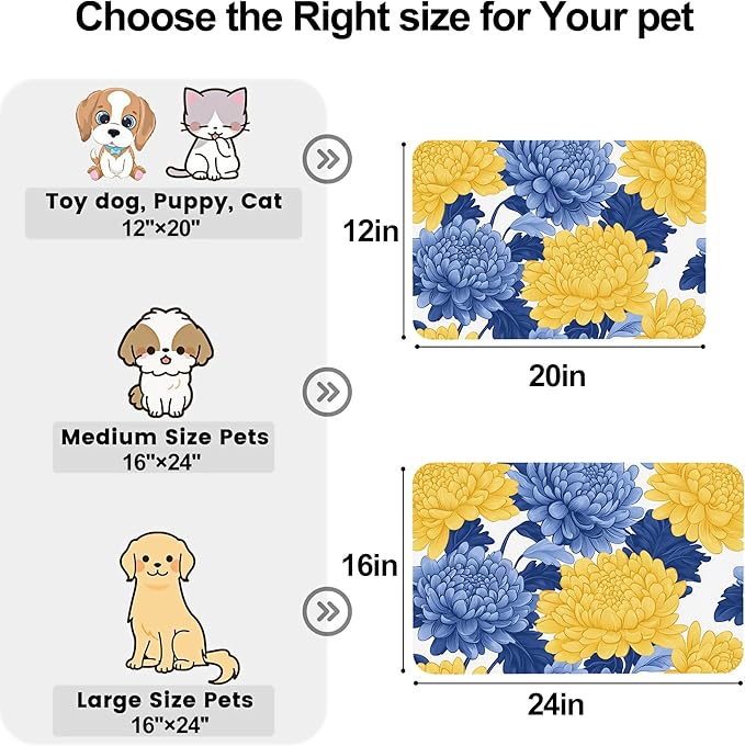 Blue Yellow Flowers Pet Cat Dog Food Mat-Absorbent Quick Dry Feeding Placemat for Water and Food, No Stains Rubber Base Mat for Indoor Use, Pet Accessories 12"x20"