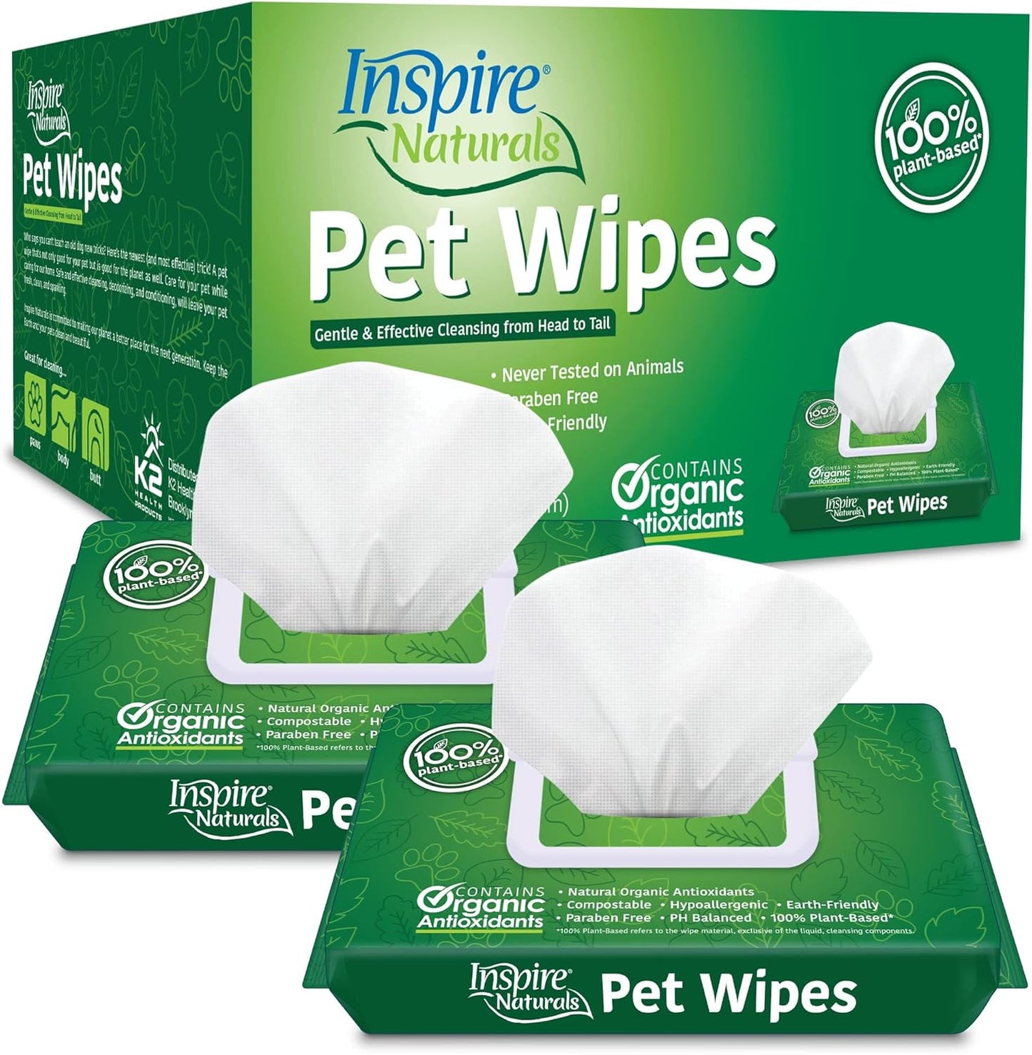 Inspire Naturals Pet Wipes for Dogs and Cats 100% Natural Plant Based with Organic Antioxidants, Dog Wipe Cleaning Deodorizing | Puppy Wipes | Dog Wipes for Paws and Butt(100ct - 2 Pack)