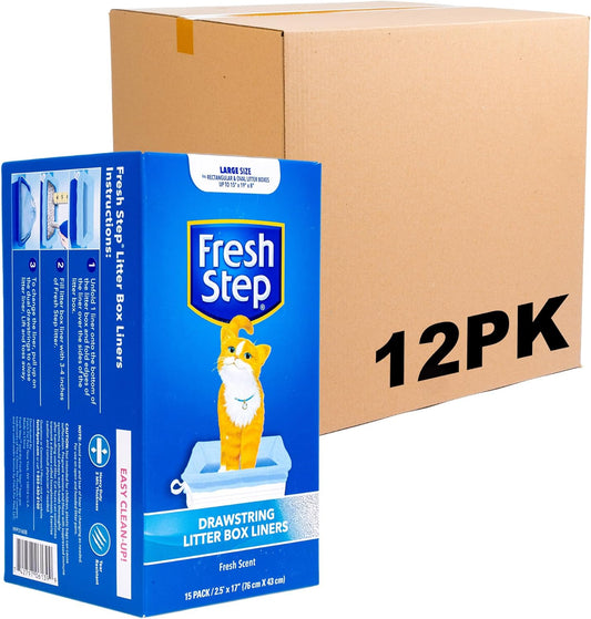 Fresh Step Drawstring Cat Litter Box Liners, Fresh Scent - Kitty Litter Bags for Rectangle or Oval Large Litterboxes, Size Large, 30" x 17" - 15 Count - 12 Pack