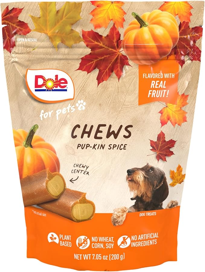 Dole for Pets Dog Chews, Pup-kin Spice Flavor Dog Treats - Pumpkin Flavored with Real Fruits, No Wheat, Corn, Soy, Artificial Flavors, Colors, or Preservatives, 7.5 Ounce