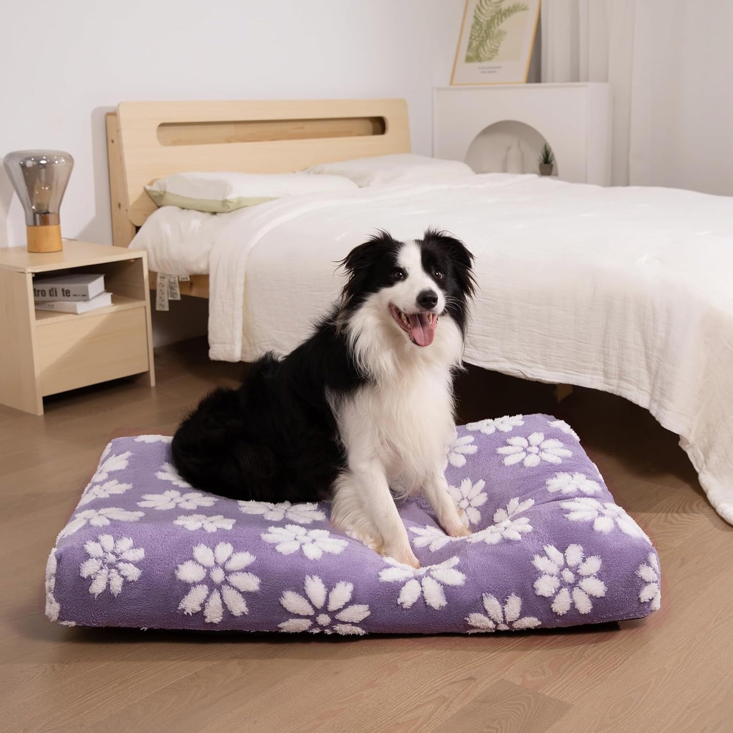 Dog Beds for Large Dogs, Cute Thick Dog Bed for Crate Kennel, Fluffy Pet Bed with Removable Washable Cover and Anti-Slip Bottom, 35"x 22", Purple Flower