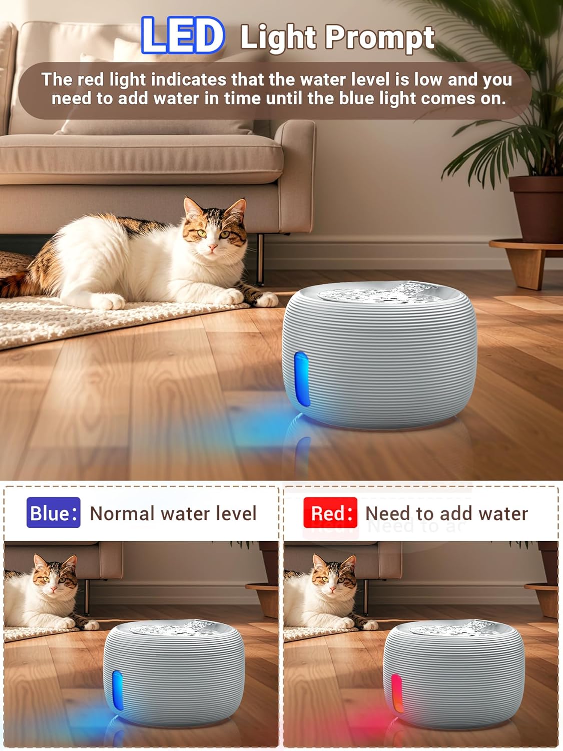 Kastty 3.5L/118 oz Quiet Cat Water Fountain, Large Capacity Pet Water Fountain for Cats Indoor Water Level LED Light Multi-Filtration, Automatic Cat Fountains for Drinking Easy Cleaning FS77(Grey)