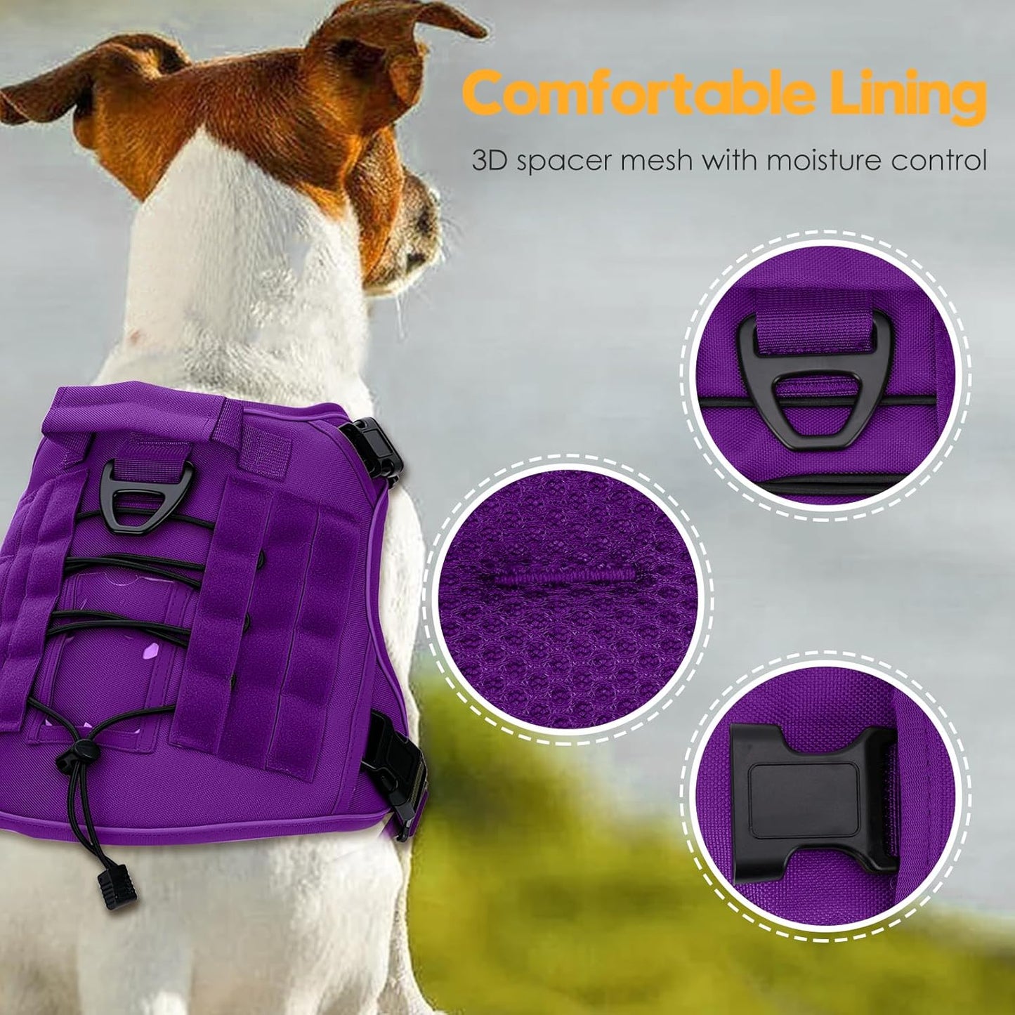 Heavy-Duty Tactical Dog Harness for Large Dogs, No Pull Adjustable Reflective Pet Vest with Molle System, K9 Military-Grade Control for Service Training, Outdoor & 10+ Breeds, Purple, XX-Large