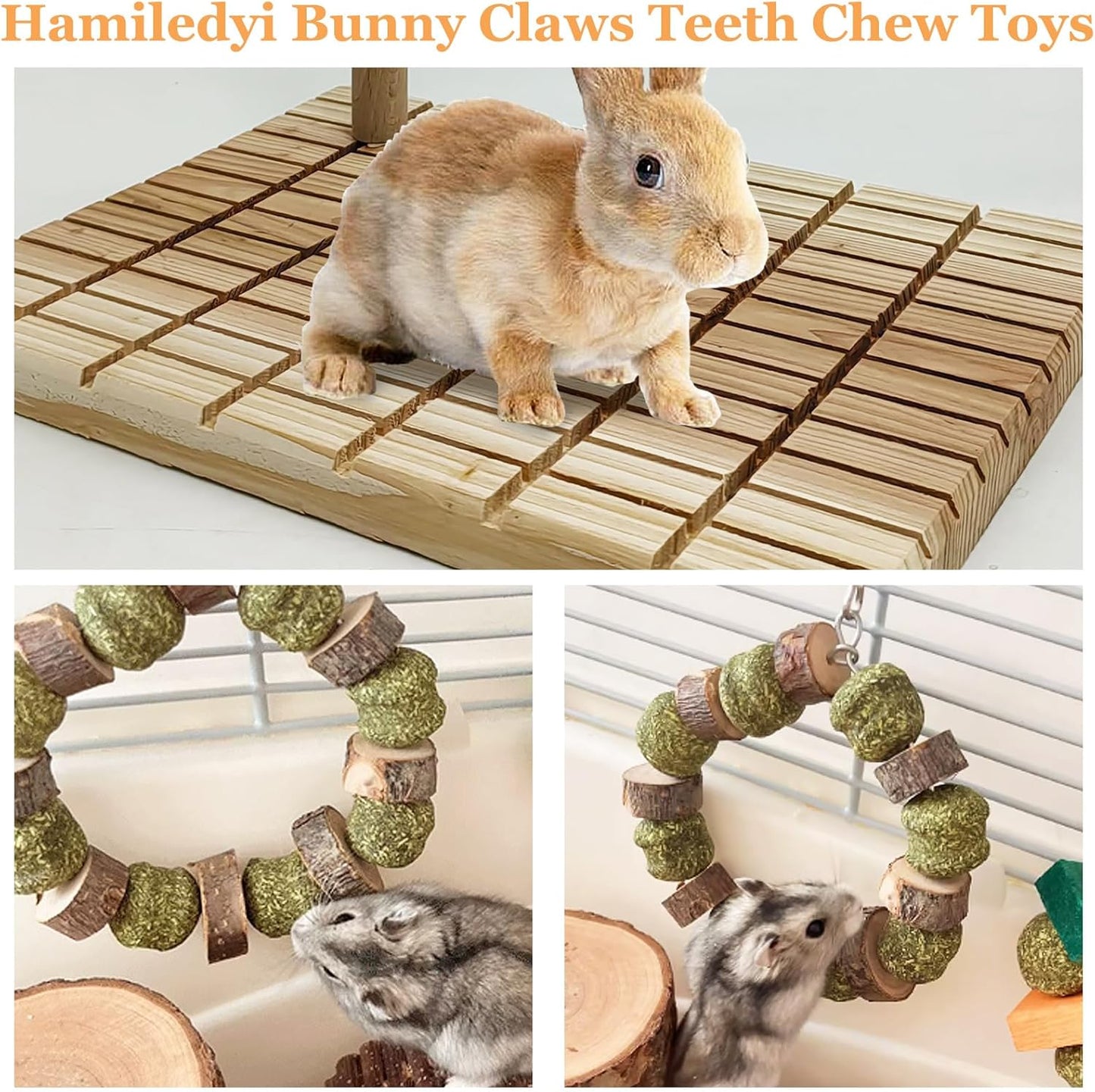Hamiledyi Rabbit Wood Scratching Board Bunny Claws Teeth Chew Toys Natural Fruit Wood Rabbit Toys Grass Timothy Ball Feet Pad Platform Guinea Pigs Chinchilla Hamsters Other Rodent Pets