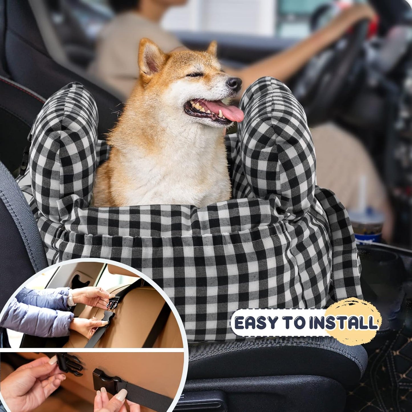 Dog Car Seat for Small Dogs, Portable Puppy Car Seat of Easy Installation, Fashionable Pet Carrier Bag with Large Pockets, Machine Washable Dog Booster Seat (Checkered Black)