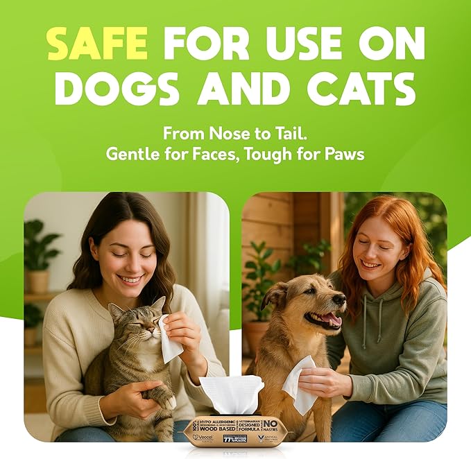 Lick-Safe Pet Wipes for Dogs & Cats - Vet-Approved & Hypoallergenic - Cleans Mud, Odors & Dander - Feline & Dog Wipes for Paws, Face & Butt - Earth-Friendly & Unscented Cat Cleaning - Pack of 100