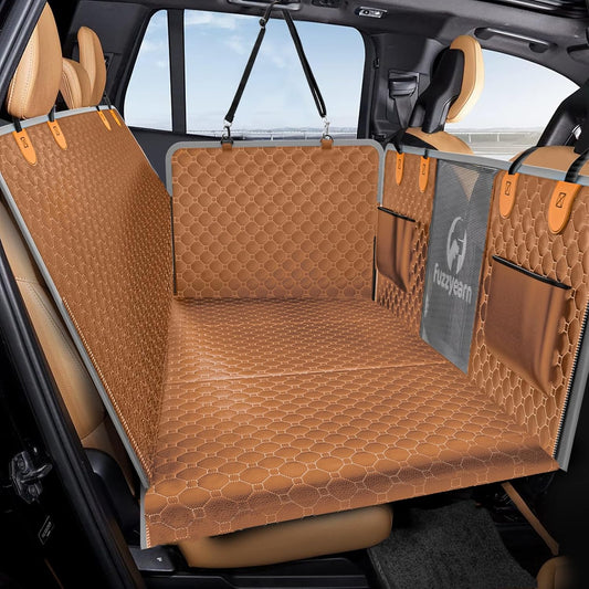 Back Seat Extender for Dogs,Leather Dog Car Seat Cover for Back Seat Hard Bottom Holds 400lbs,100% Waterproof Dog Car Hammock, Sturdy Pet Seat Protector for Car, SUV,Small Truck(Brown)