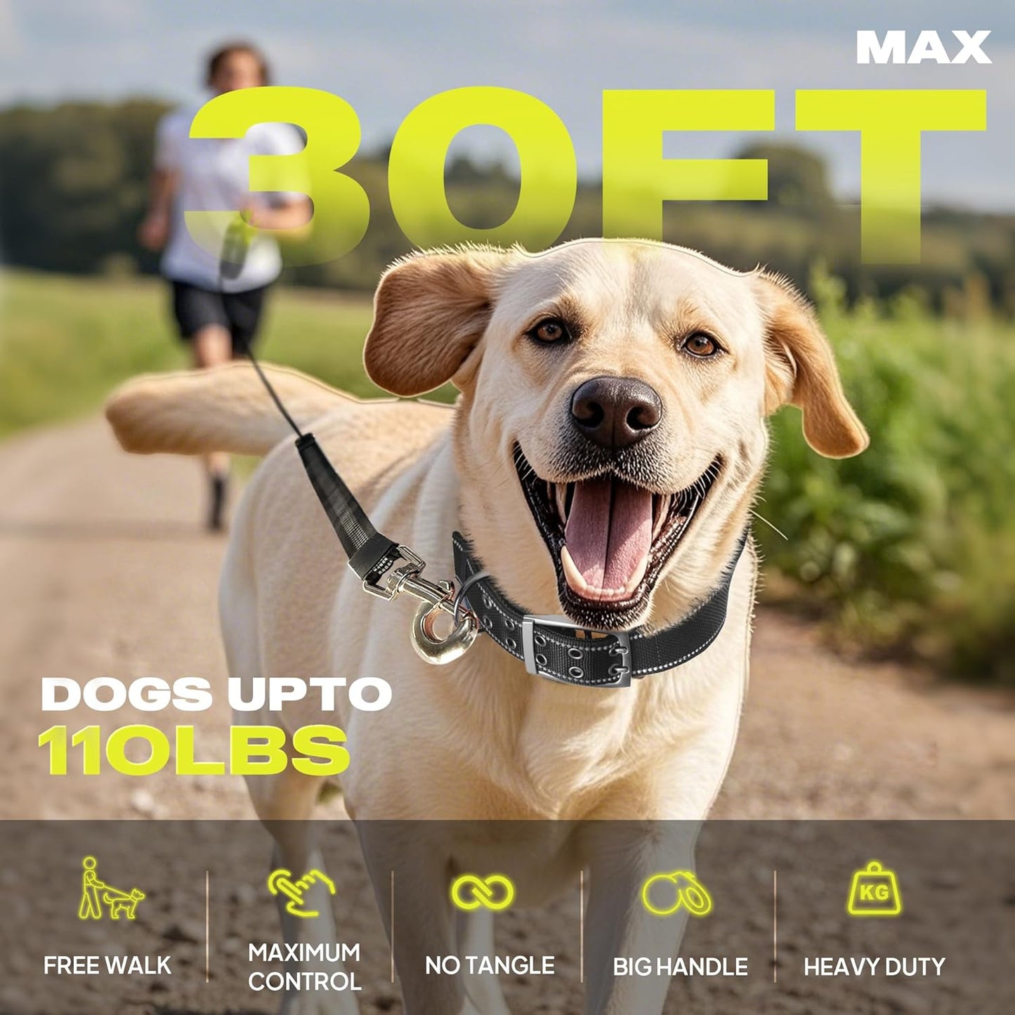 Fida 30ft Upgraded Retractable Dog Leash, Heavy Duty Pet Walking Leash for Medium/Large Breed up to 110 lbs, 360° Tangle-Free Long Retract Dog Lead, Soft Grip, One-Hand Brake, Neon Yellow