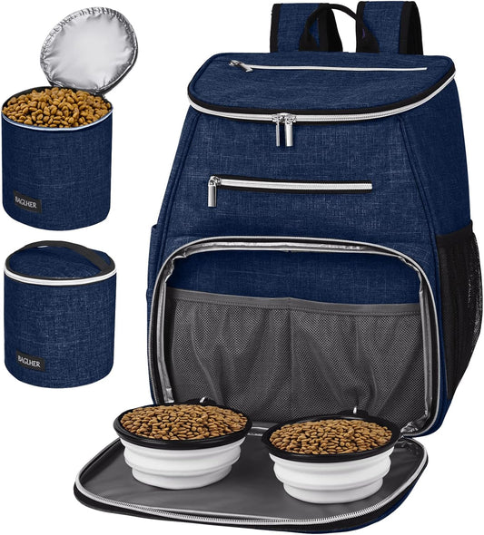 BAGLHER 丨Dog Travel Bag Backpack, Airline Approved Pet Supplies Backpack, Dog Travel Backpack With 2 Silicone Collapsible Bowls and 2 Food Baskets Dark Blue