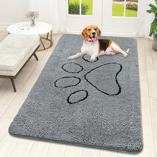 OLANLY Door Mat for Muddy Dog Paws 59x32, Ultra Absorbent Chenille Mud Doormat with Paw Print Design, Non-Slip Washable Doormat for Indoor Entryway, Quick-Dry Pet Bed Mats for Dirty Dogs, Grey