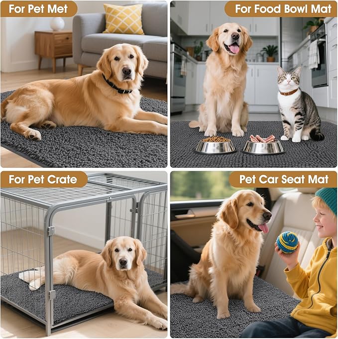 2 Pieces Muddy Door Mats for Dogs, Chenille Absorbent Pet Mats, Quick Dry, Trap Dirt Non Slip Heavy Indoor Doormat Soft Dog Bed Mat Front Inside Door Mat for Indoor Outdoor Entrance,Grey