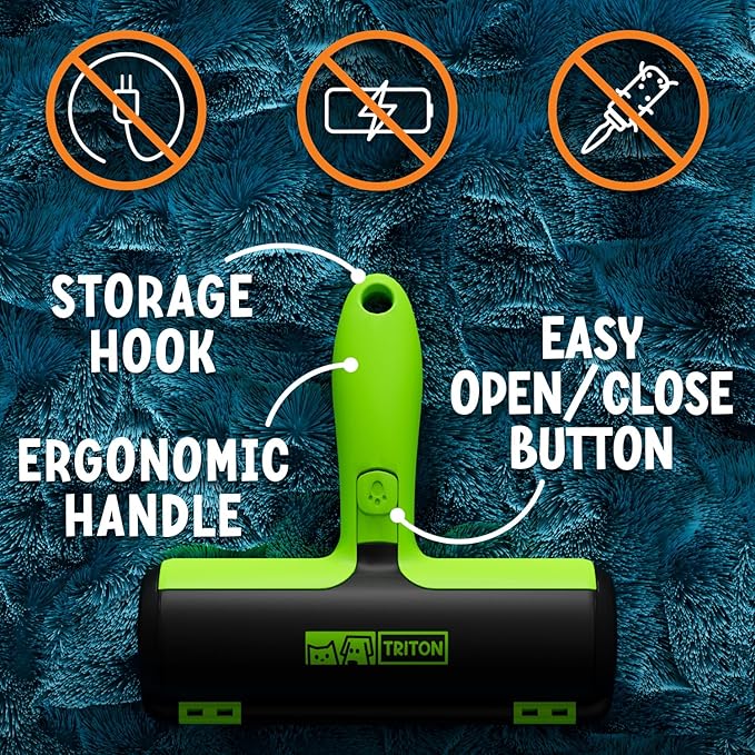 Triton Pet Hair Removal Tool w/Fur Trapping Compartment and Detachable Handle, 60% Smaller Storage Size, Reusable Shedding Roller, Cat and Dog Hair Remover for Car, Furniture, Carpet, Couch (Green)