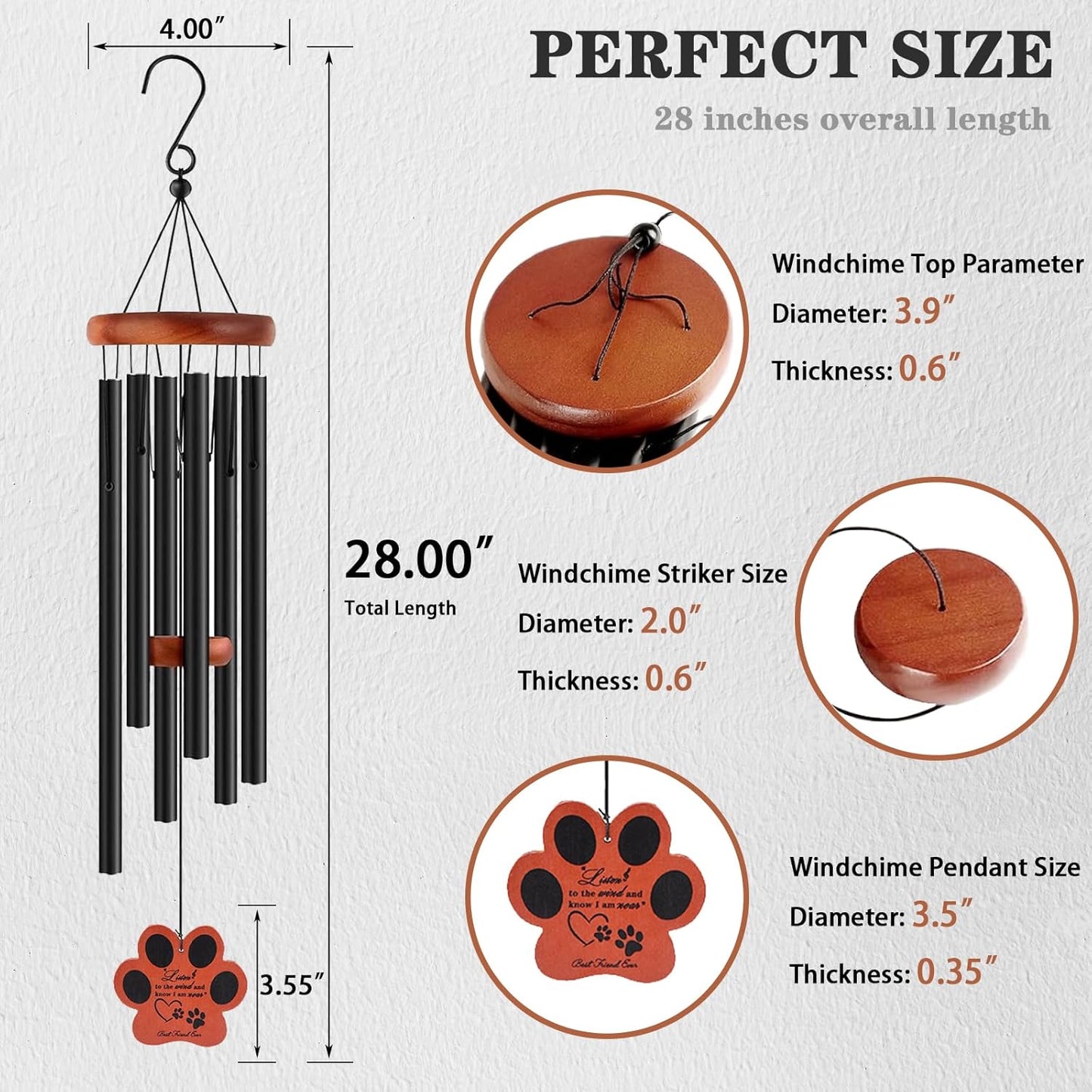 Pet Memorial Wind Chime, 28" Dog Memorial Gifts for Loss of Dog, Black Paw Pendant Pet Loss Gift, Dog Sympathy Bereavement Remembrance Gift