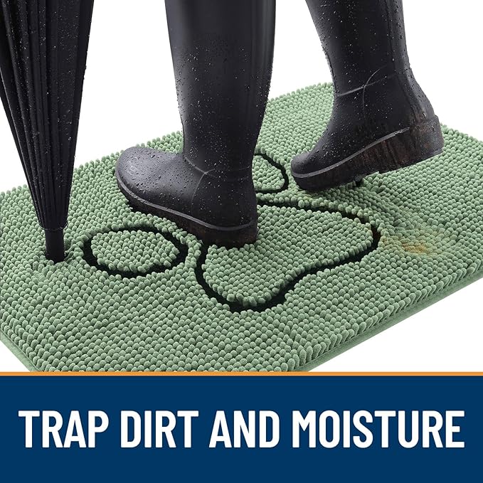 OLANLY Door Mat for Muddy Dog Paws 36x24, Absorbent Chenille Doormat with Paw Print Design, Non-Slip Washable Doormat for Indoor Entryway, Quick-Dry Pet Bed Mats for Dirty Dogs, Olive Green and Black